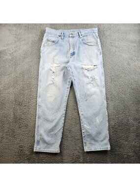 Men's Relaxed Fit Straight Leg Blue Jeans 36x30 Distressed Wrangler Workwear